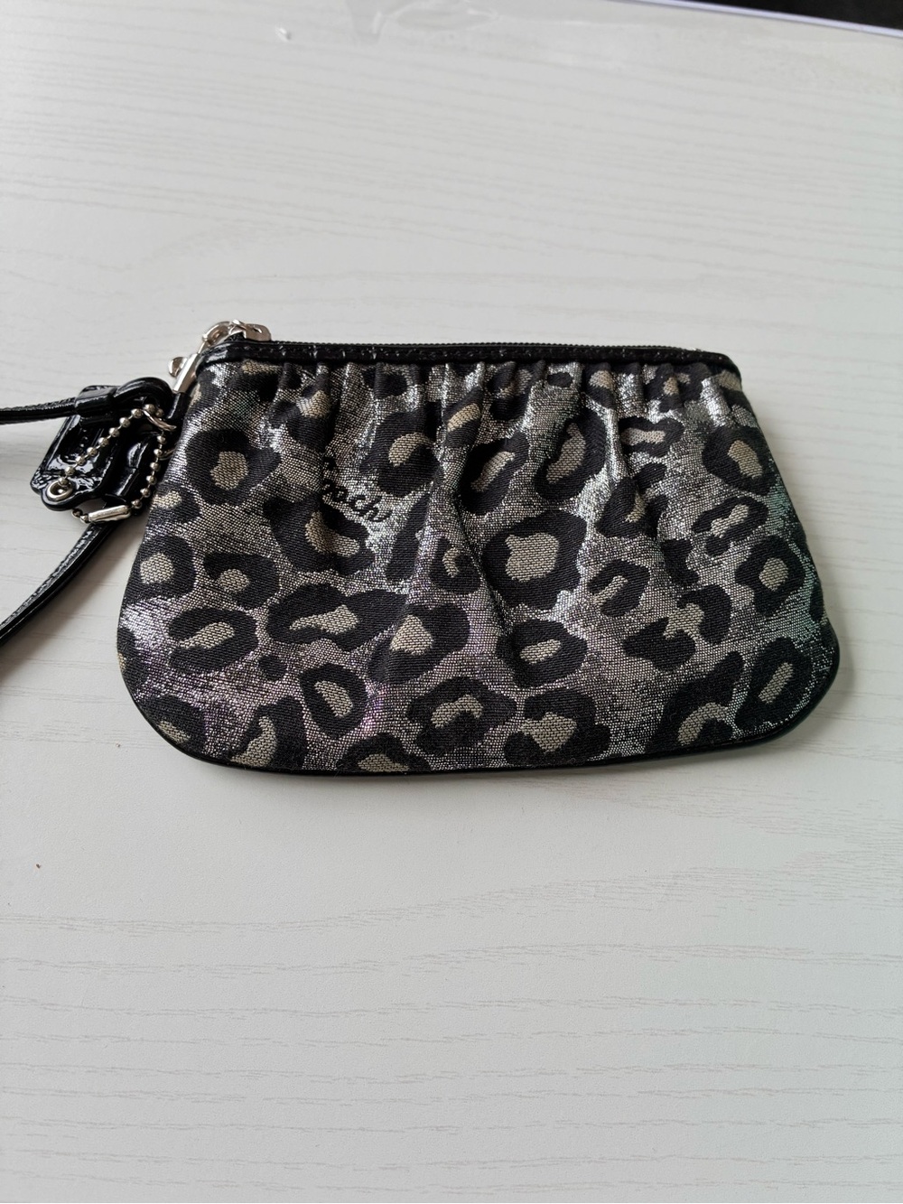 Coach Metallic Silver and Black Leopard Print Wristlet
